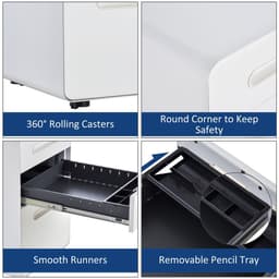 image-3 Draw Modern Steel Filing Cabinet w/ 4 Wheels Lock Pencil Box White Vinsetto