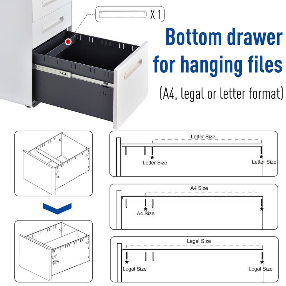image-3 Draw Modern Steel Filing Cabinet w/ 4 Wheels Lock Pencil Box White Vinsetto
