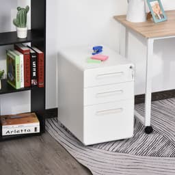 image-3 Draw Modern Steel Filing Cabinet w/ 4 Wheels Lock Pencil Box White Vinsetto