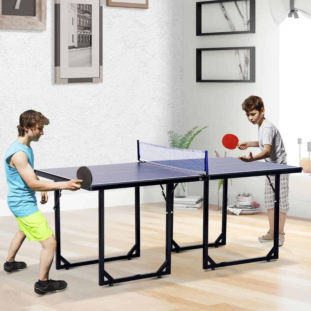 image-Tennis Table Ping Pong Foldable with Net Game Steel 183cm Indoor, Blue HOMCOM