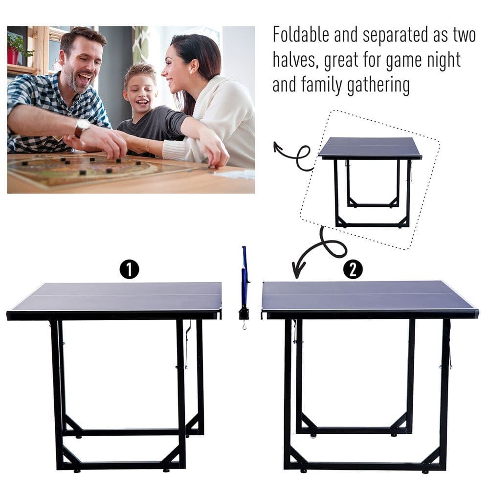 image-Tennis Table Ping Pong Foldable with Net Game Steel 183cm Indoor, Blue HOMCOM