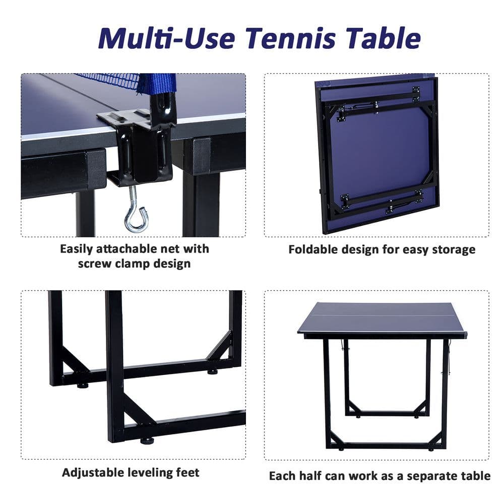 image-Tennis Table Ping Pong Foldable with Net Game Steel 183cm Indoor, Blue HOMCOM