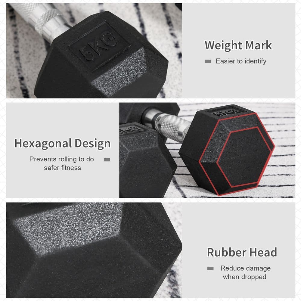 image-Hexagonal Dumbbells Kit Weight Lifting Exercise for Home Fitness 2x5kg HOMCOM
