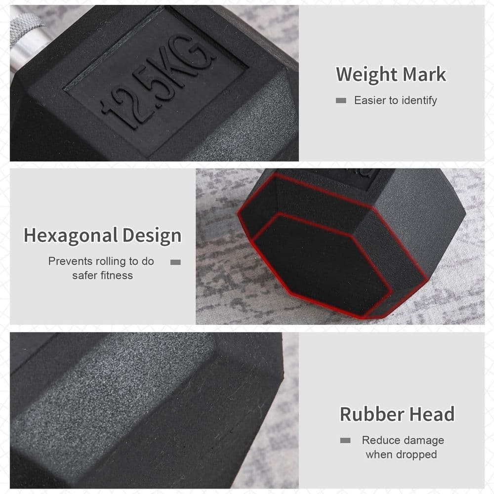 image-12.5KG Single Rubber Hex Dumbbell Portable Hand Weights for Home Gym HOMCOM