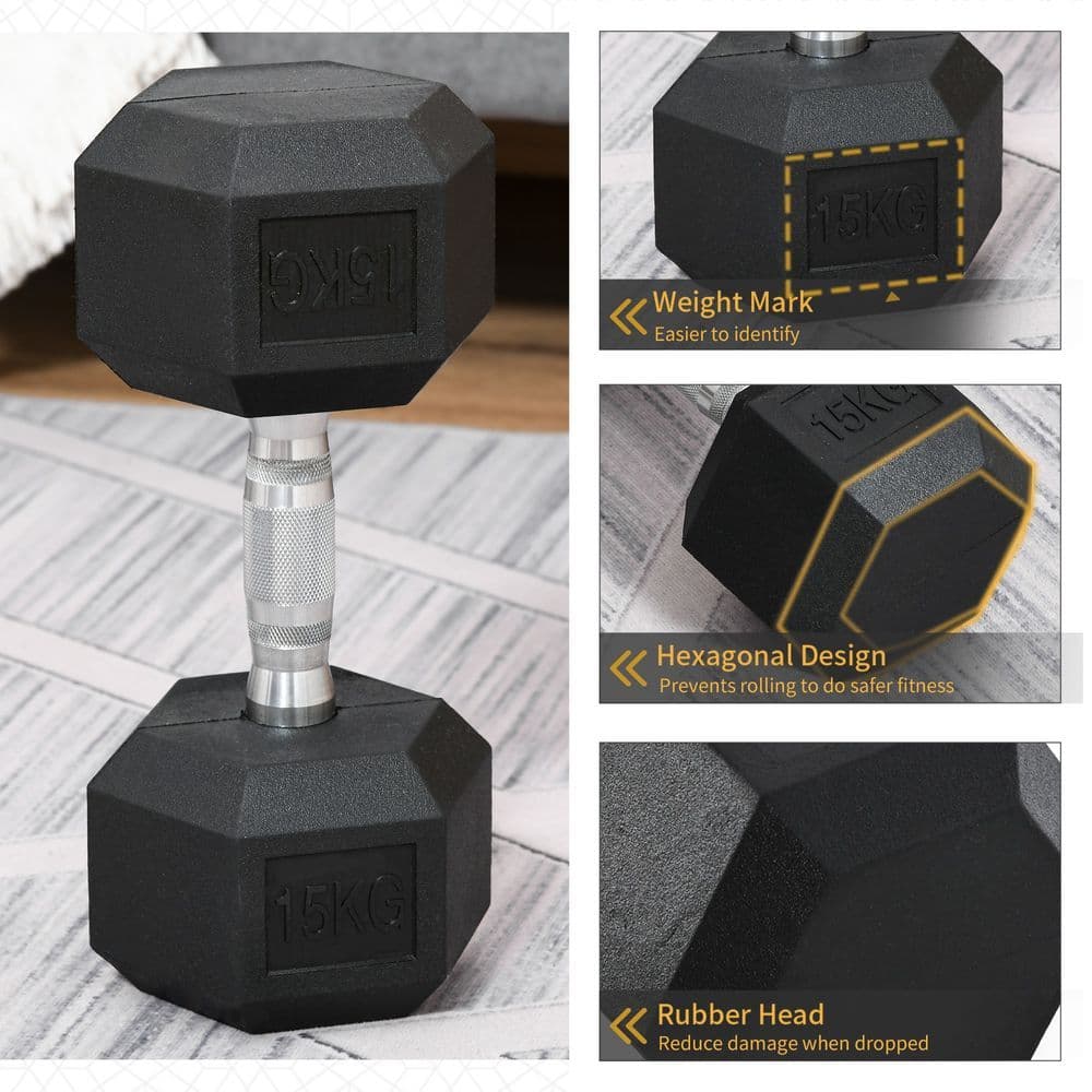 image-15KG Single Rubber Hex Dumbbell Portable Hand Weights Home Gym HOMCOM
