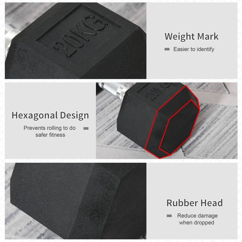 image-20KG Single Rubber Hex Dumbbell Portable Hand Weights Dumbbell Home Gym HOMCOM