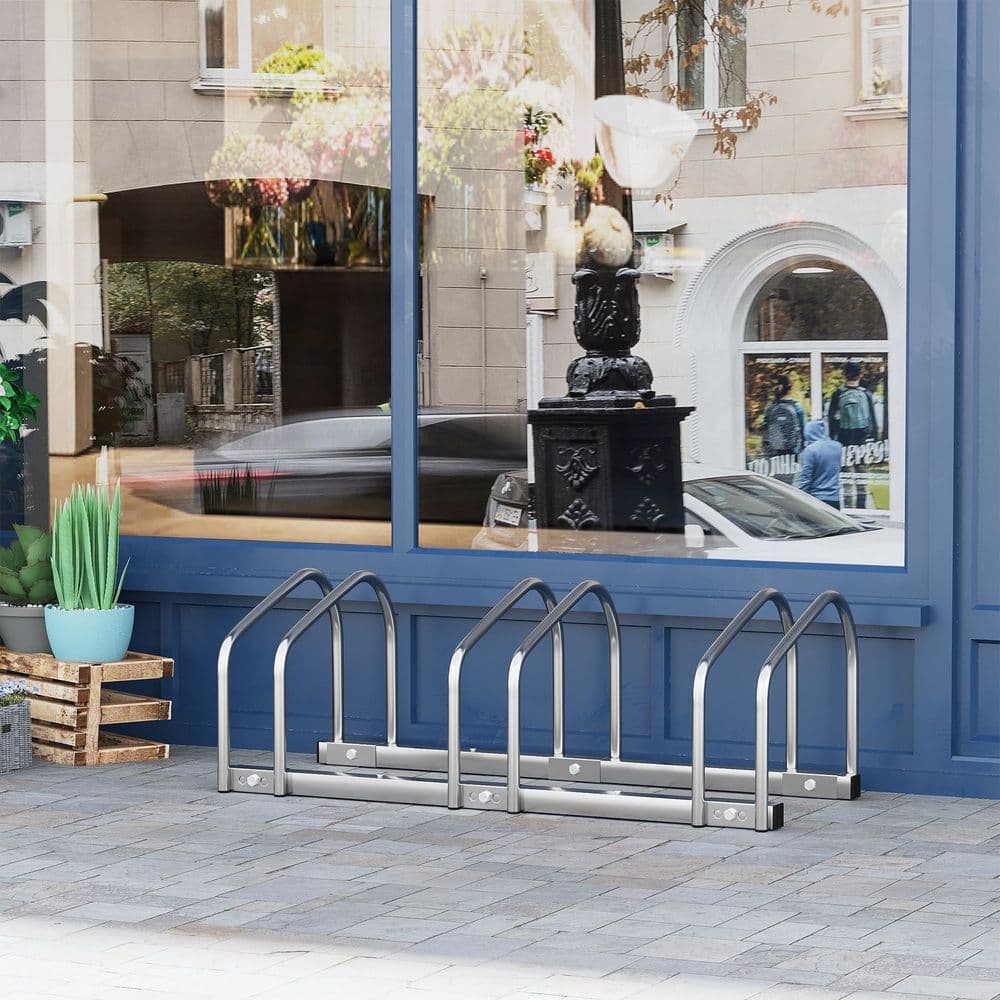 image-Bike Parking Rack Bicycle Locking Storage Stand for 3 Cycling Silver HOMCOM