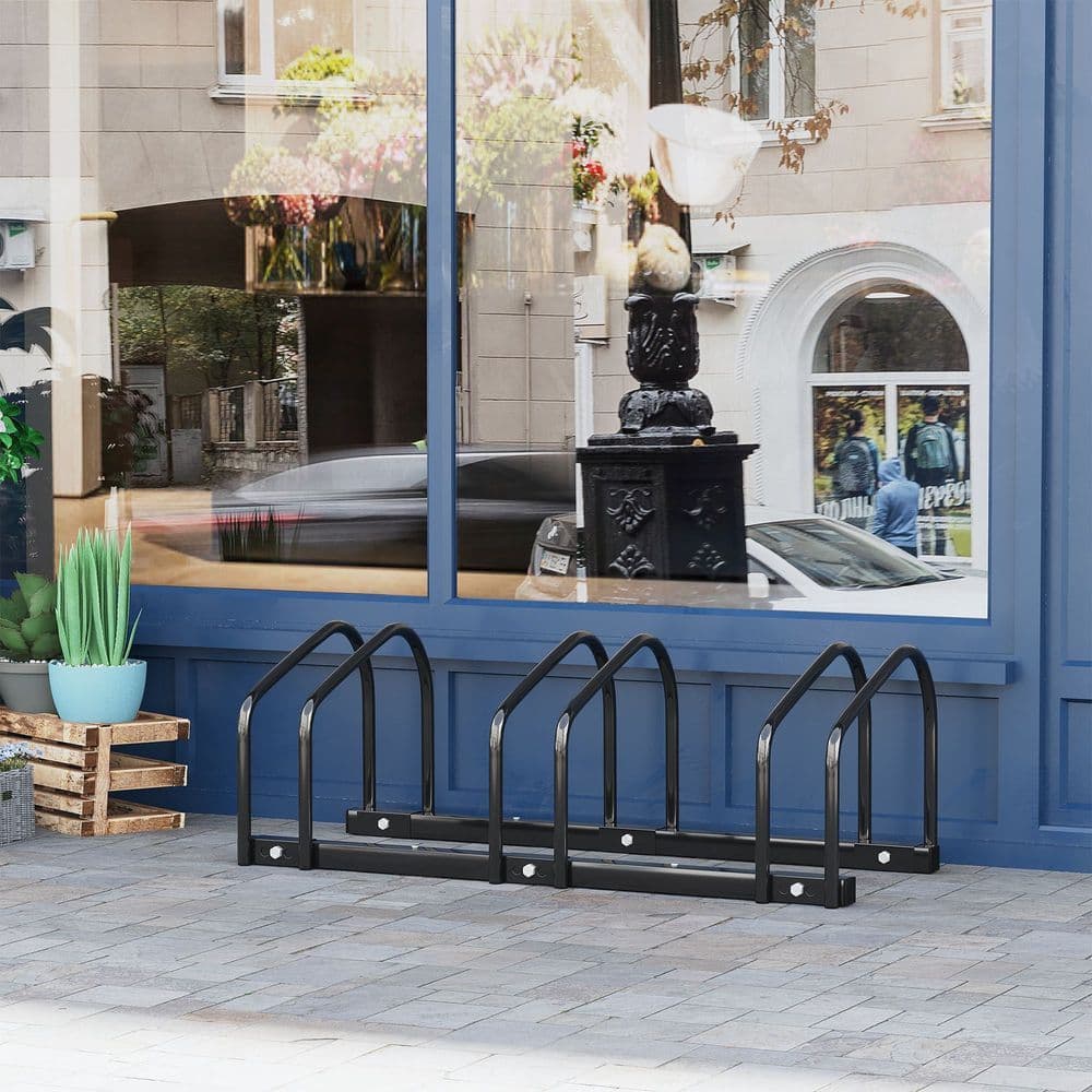 image-Bike Parking Rack Bicycle Locking Storage Stand for 3 Cycling Black HOMCOM