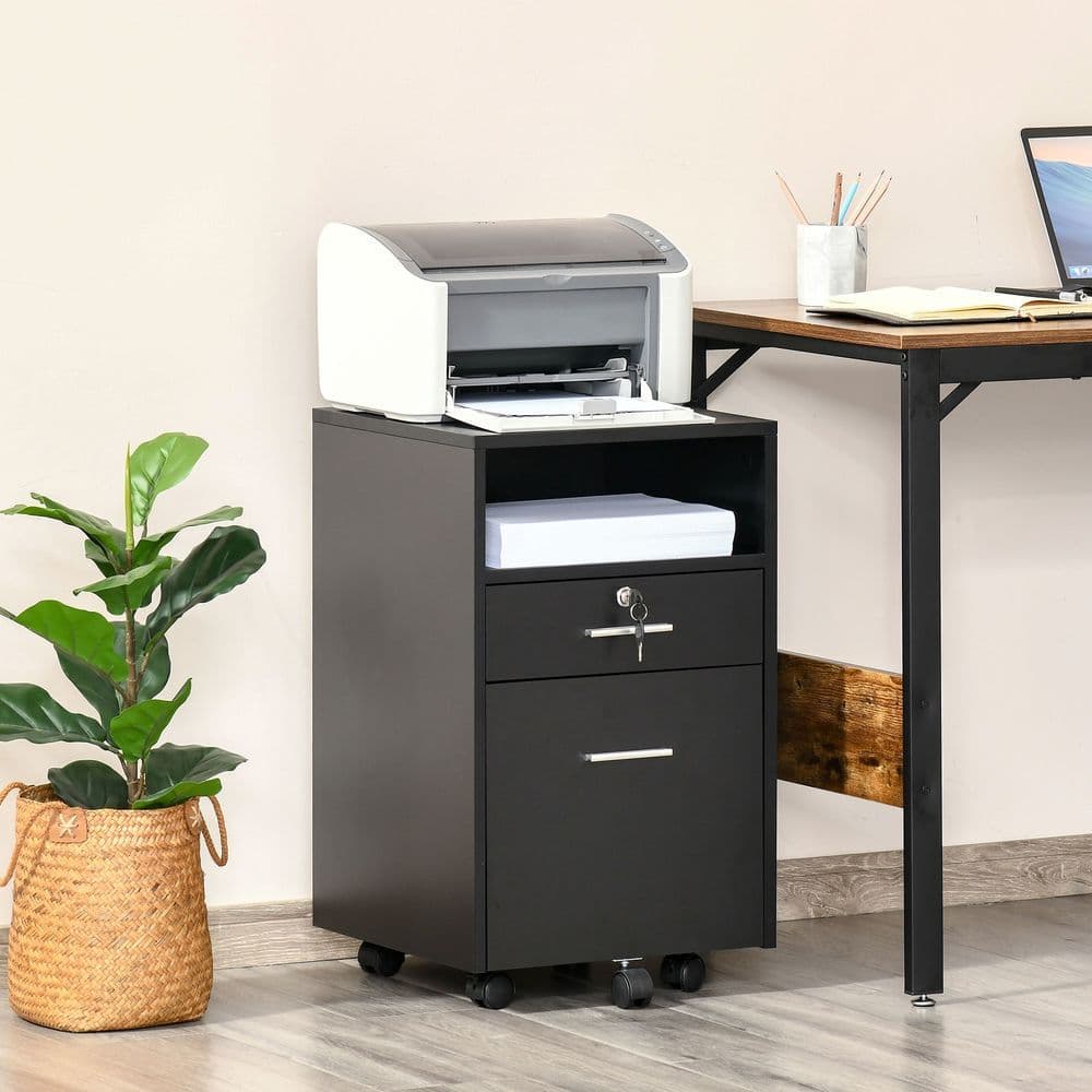 image-Mobile File Cabinet Lockable Documents Storage w/ 5 Wheels Black Vinsetto