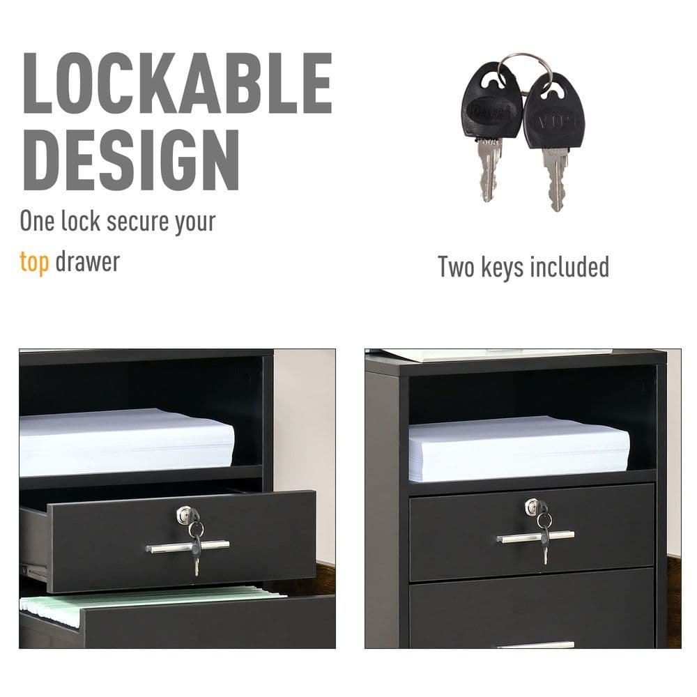 image-Mobile File Cabinet Lockable Documents Storage w/ 5 Wheels Black Vinsetto