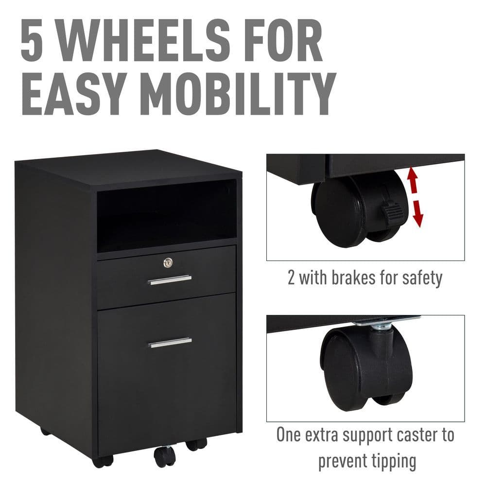 image-Mobile File Cabinet Lockable Documents Storage w/ 5 Wheels Black Vinsetto