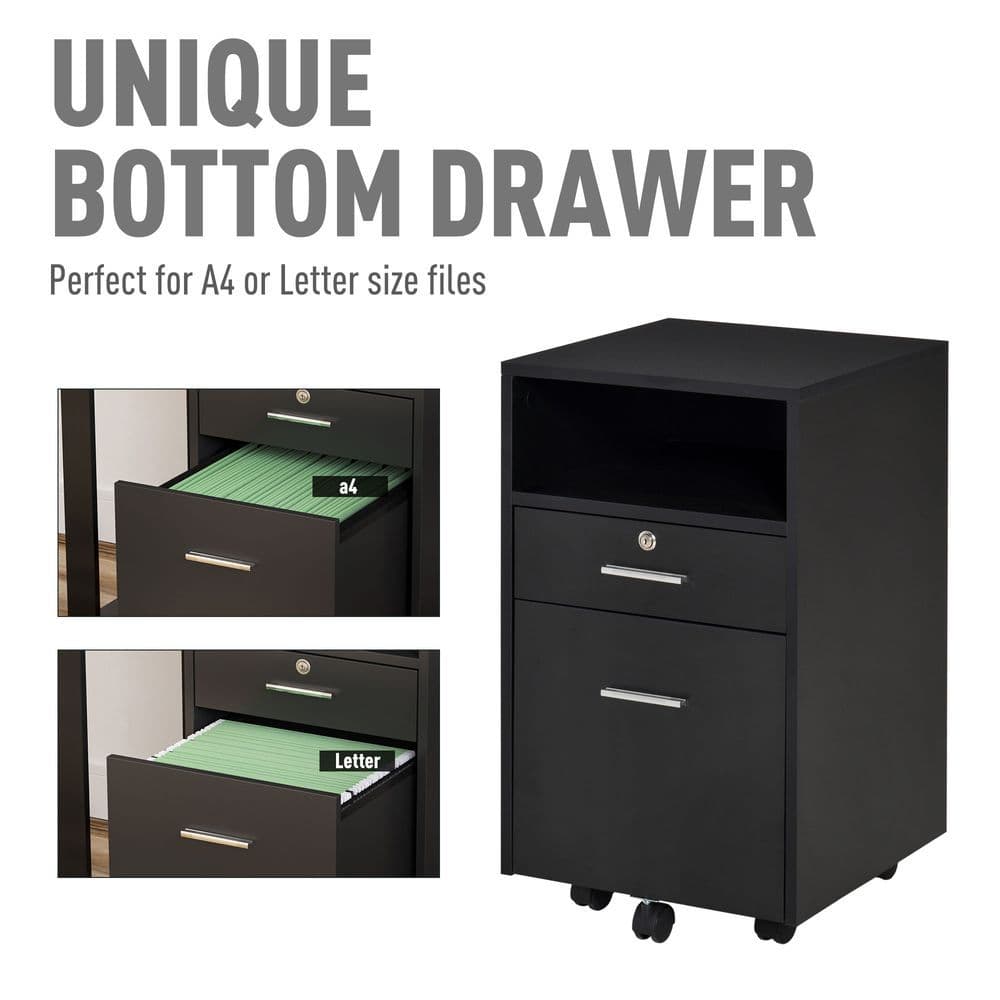 image-Mobile File Cabinet Lockable Documents Storage w/ 5 Wheels Black Vinsetto