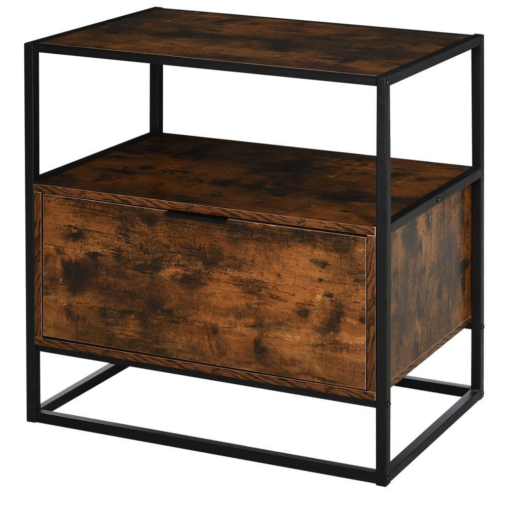 image-HOMCOM Industrial-Style Side Table w/ Drawer Open Shelf Steel Frame Base Retro