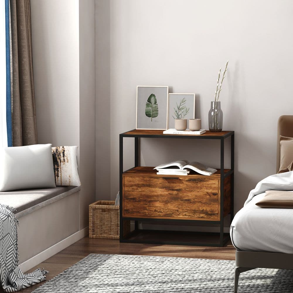 image-HOMCOM Industrial-Style Side Table w/ Drawer Open Shelf Steel Frame Base Retro