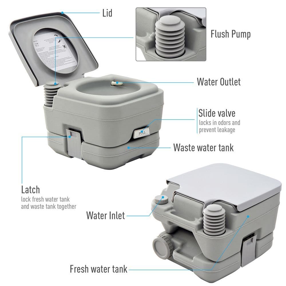 image-10L Portable Travel Toilet Outdoor Camping with 2 Detachable Tanks Grey HOMCOM