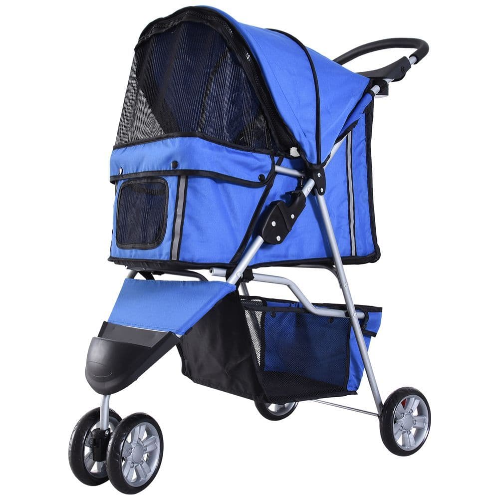 image-Pet Stroller Pushchair Carrier for Cat Puppy with 3 Wheels Blue Pawhut