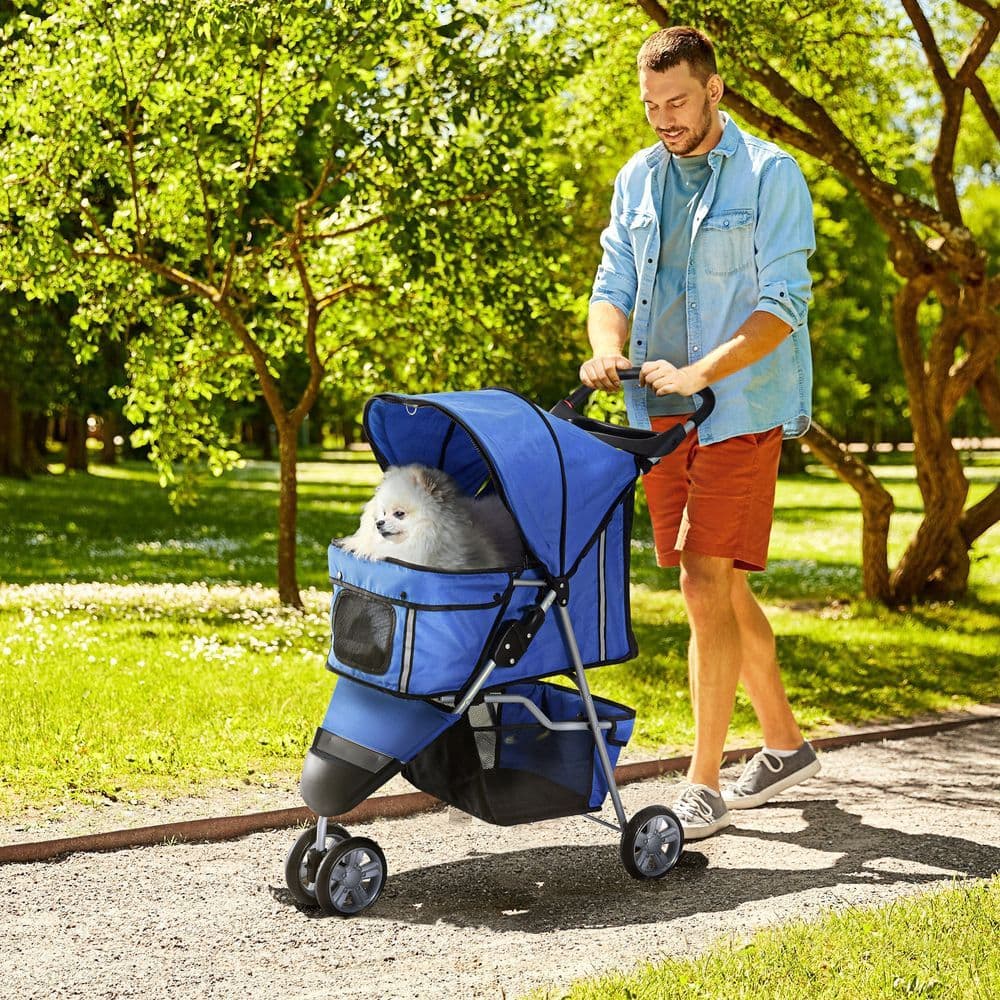 image-Pet Stroller Pushchair Carrier for Cat Puppy with 3 Wheels Blue Pawhut