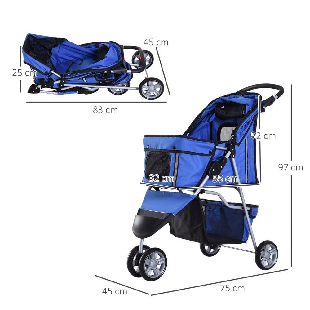 image-Pet Stroller Pushchair Carrier for Cat Puppy with 3 Wheels Blue Pawhut
