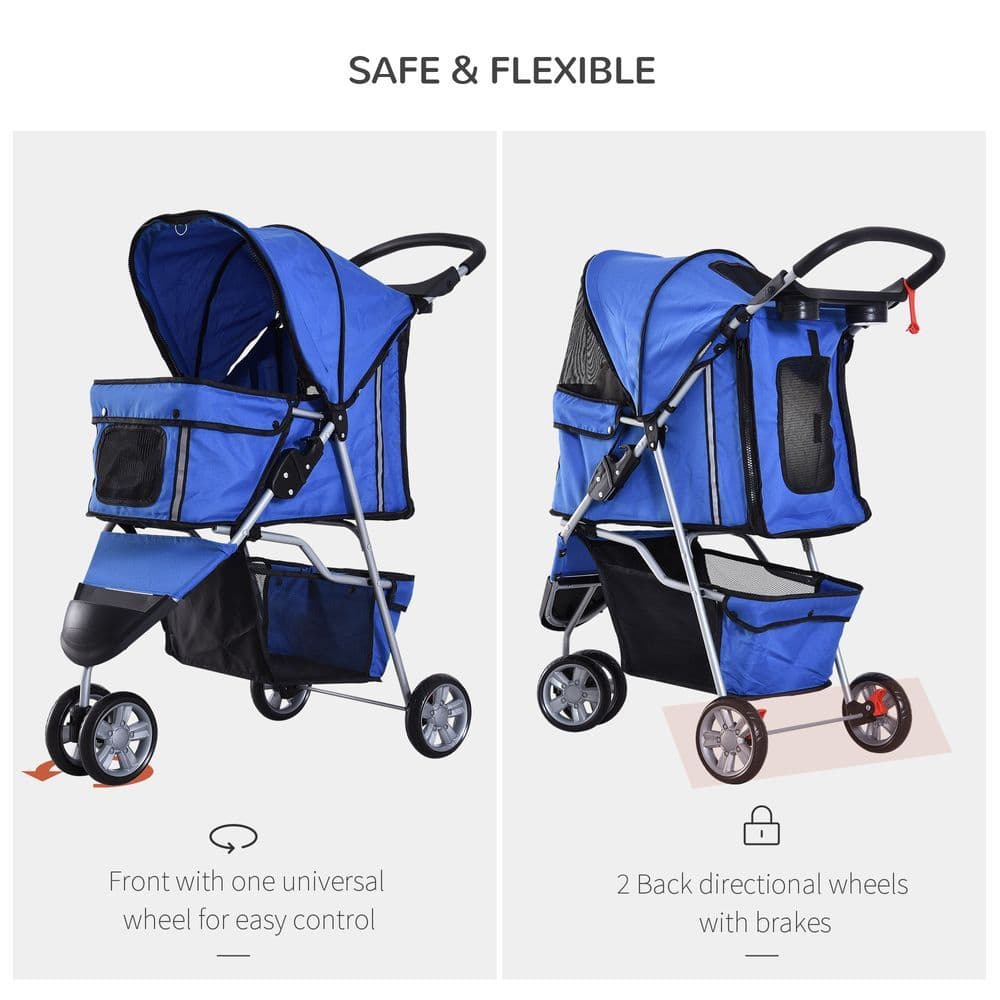 image-Pet Stroller Pushchair Carrier for Cat Puppy with 3 Wheels Blue Pawhut