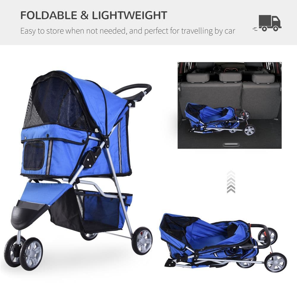 image-Pet Stroller Pushchair Carrier for Cat Puppy with 3 Wheels Blue Pawhut