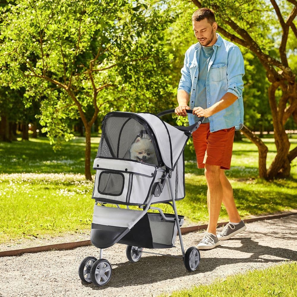 image-Pet Stroller Pushchair Carrier for Cat Puppy with 3 Wheels Grey Pawhut