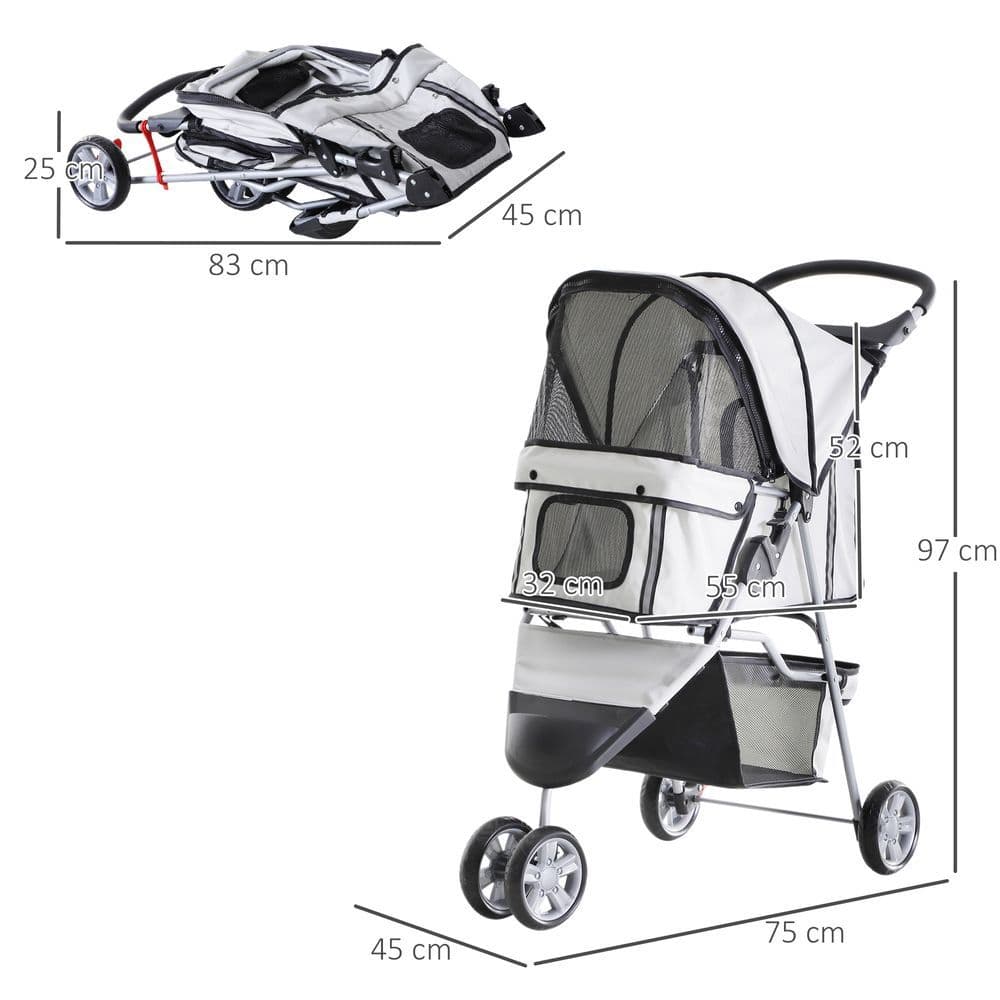 image-Pet Stroller Pushchair Carrier for Cat Puppy with 3 Wheels Grey Pawhut
