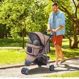 image-Pet Stroller Pushchair Carrier for Cat Puppy with 3 Wheels Brown Pawhut