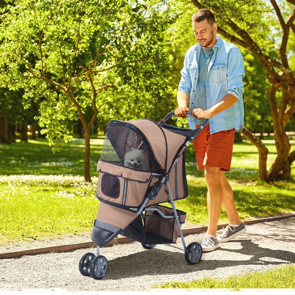 image-Pet Stroller Pushchair Carrier for Cat Puppy with 3 Wheels Brown Pawhut