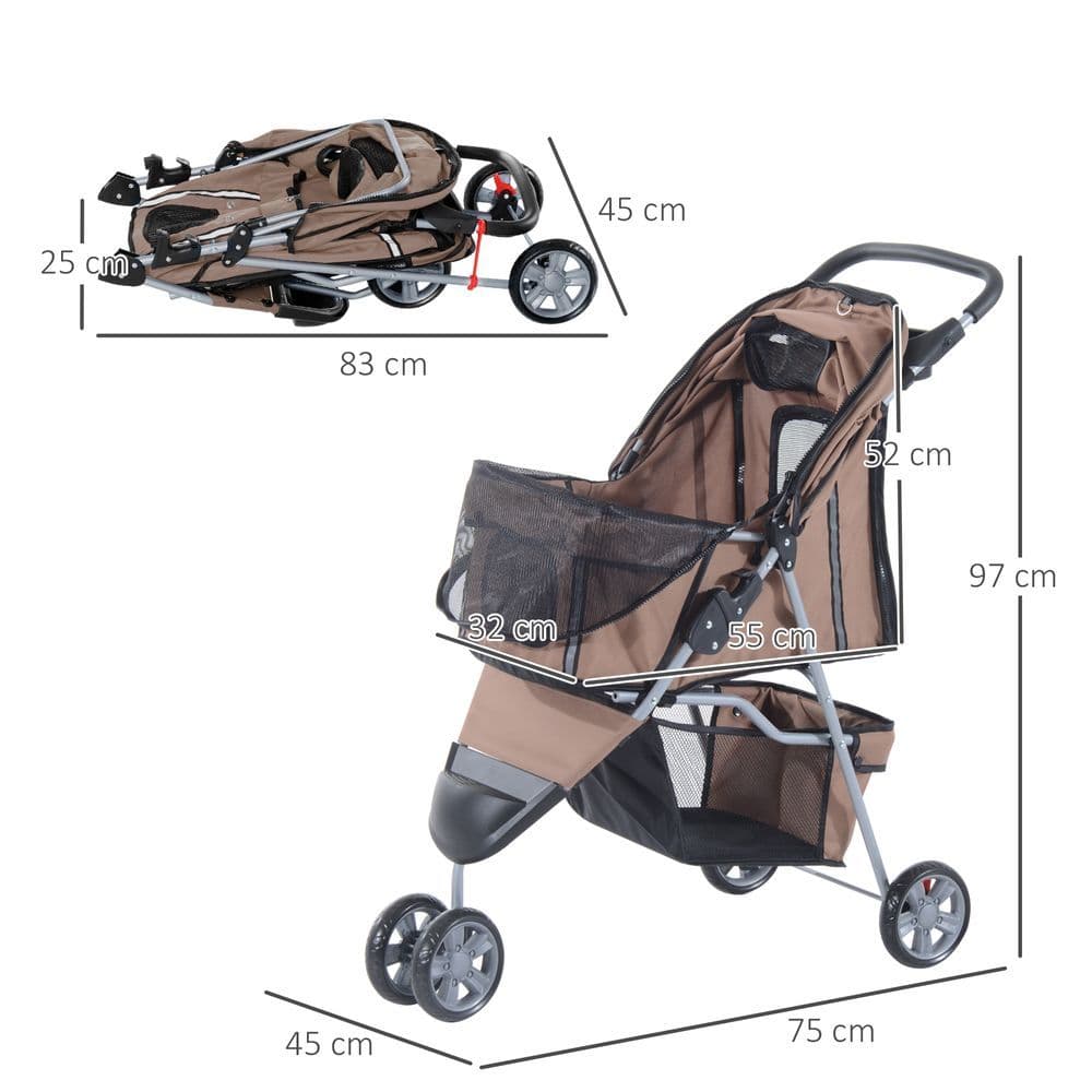 image-Pet Stroller Pushchair Carrier for Cat Puppy with 3 Wheels Brown Pawhut