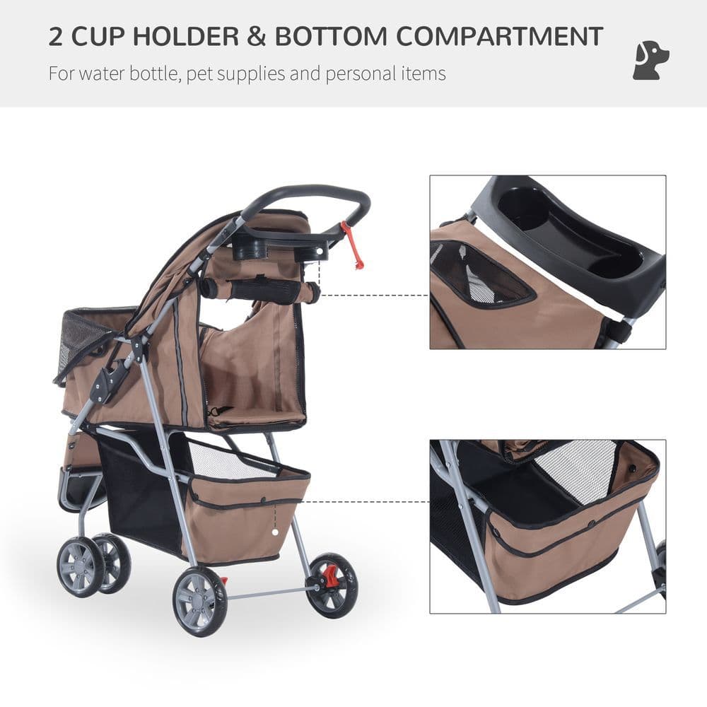 image-Pet Stroller Pushchair Carrier for Cat Puppy with 3 Wheels Brown Pawhut