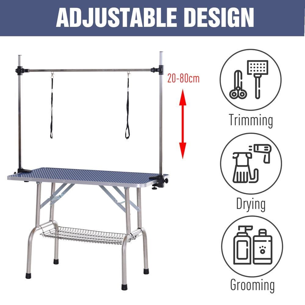 image-Metal Adjustable Dog Grooming Table Rubber Top 2 Safety Slings Mesh Pawhut