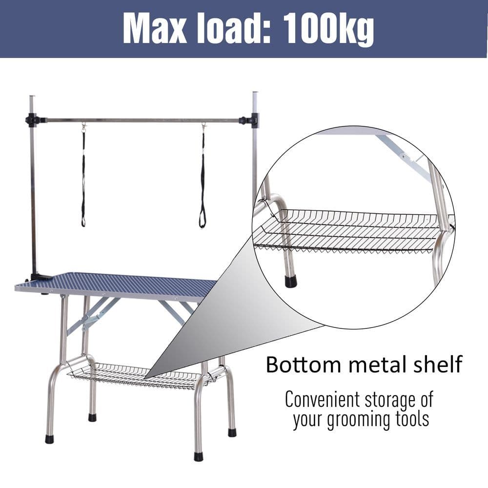 image-Metal Adjustable Dog Grooming Table Rubber Top 2 Safety Slings Mesh Pawhut