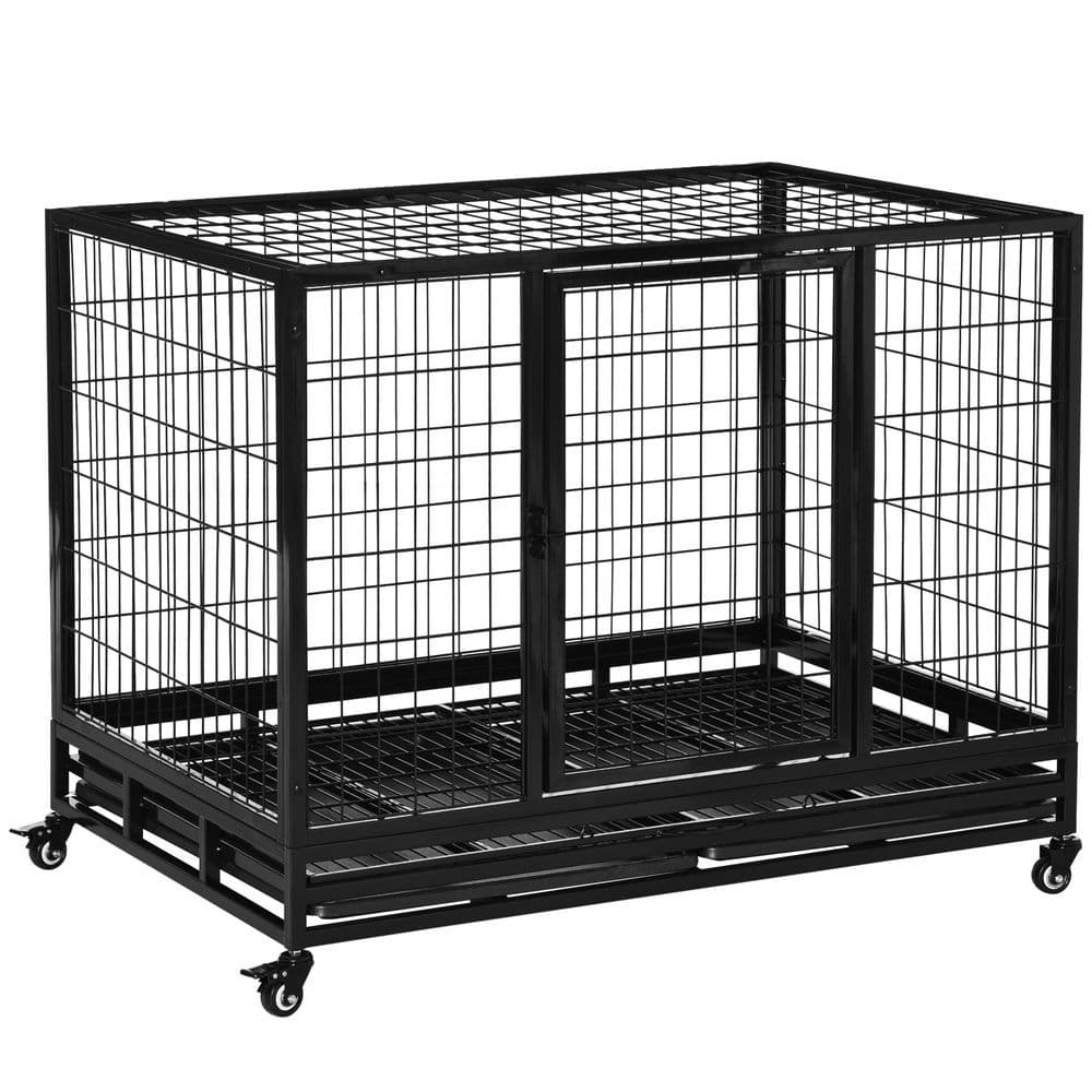 image-Metal Kennel Cage with Wheels and Crate Tray for Pet Dog Large Black Pawhut