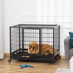image-Metal Kennel Cage with Wheels and Crate Tray for Pet Dog Large Black Pawhut
