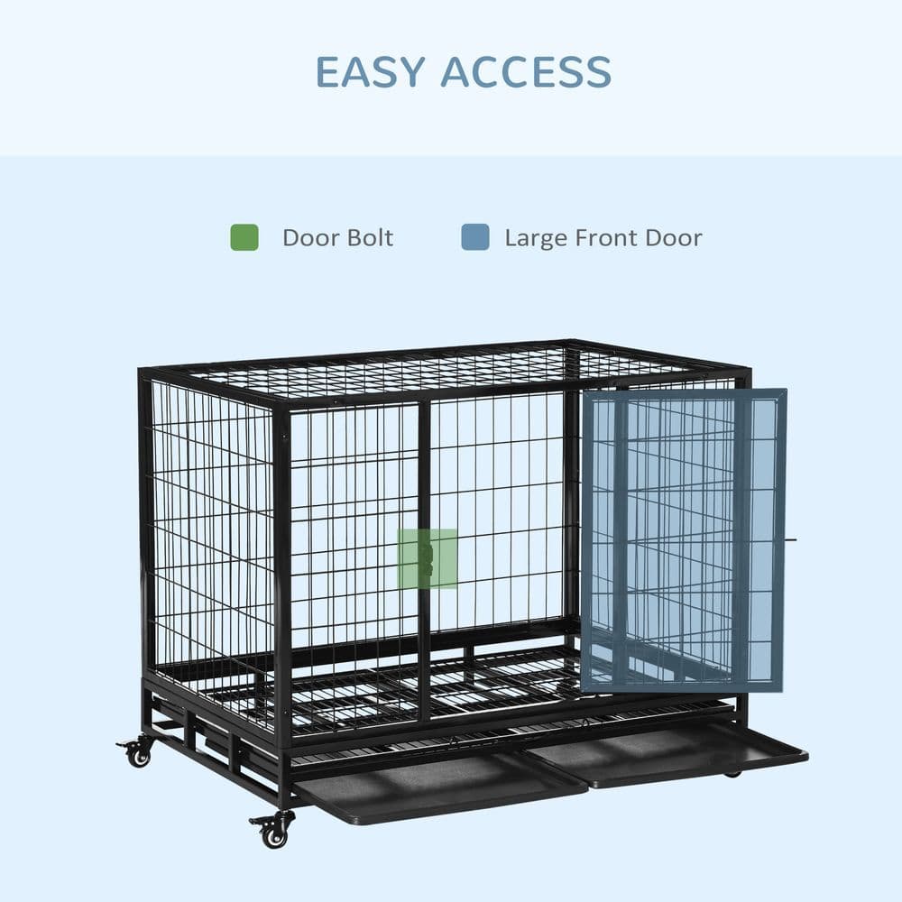 image-Metal Kennel Cage with Wheels and Crate Tray for Pet Dog Large Black Pawhut