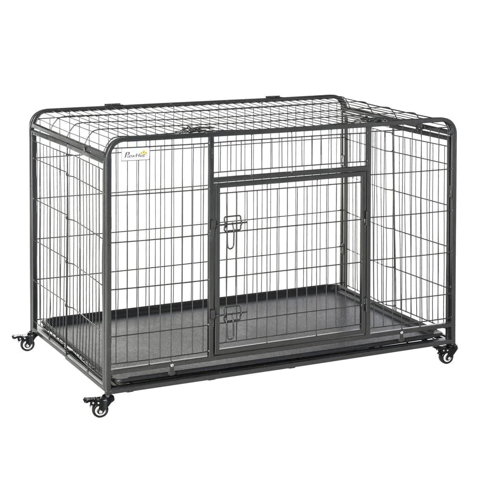 image-81x125cm Metal Dog Cage Kennel Locking Door & Wheels Extra Large Pets Pawhut