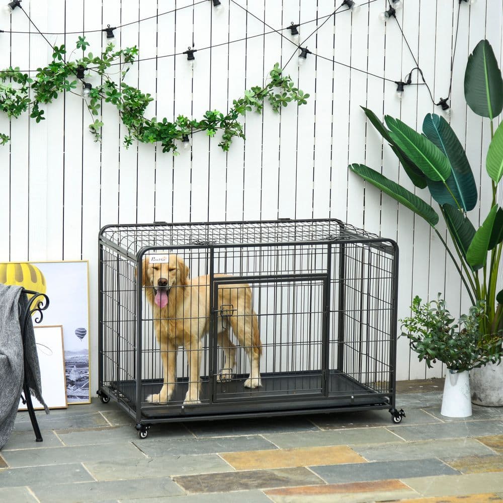 image-81x125cm Metal Dog Cage Kennel Locking Door & Wheels Extra Large Pets Pawhut