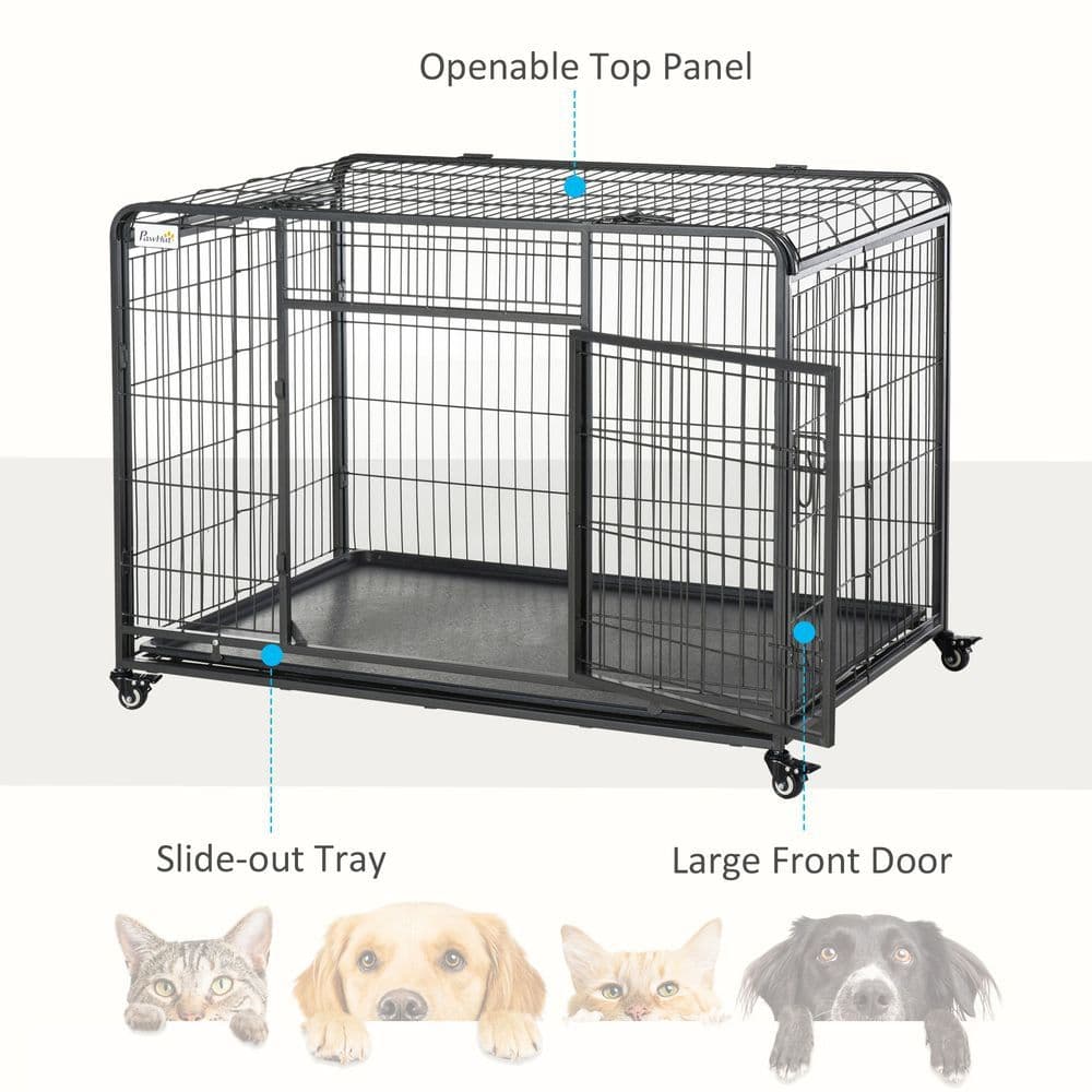 image-81x125cm Metal Dog Cage Kennel Locking Door & Wheels Extra Large Pets Pawhut