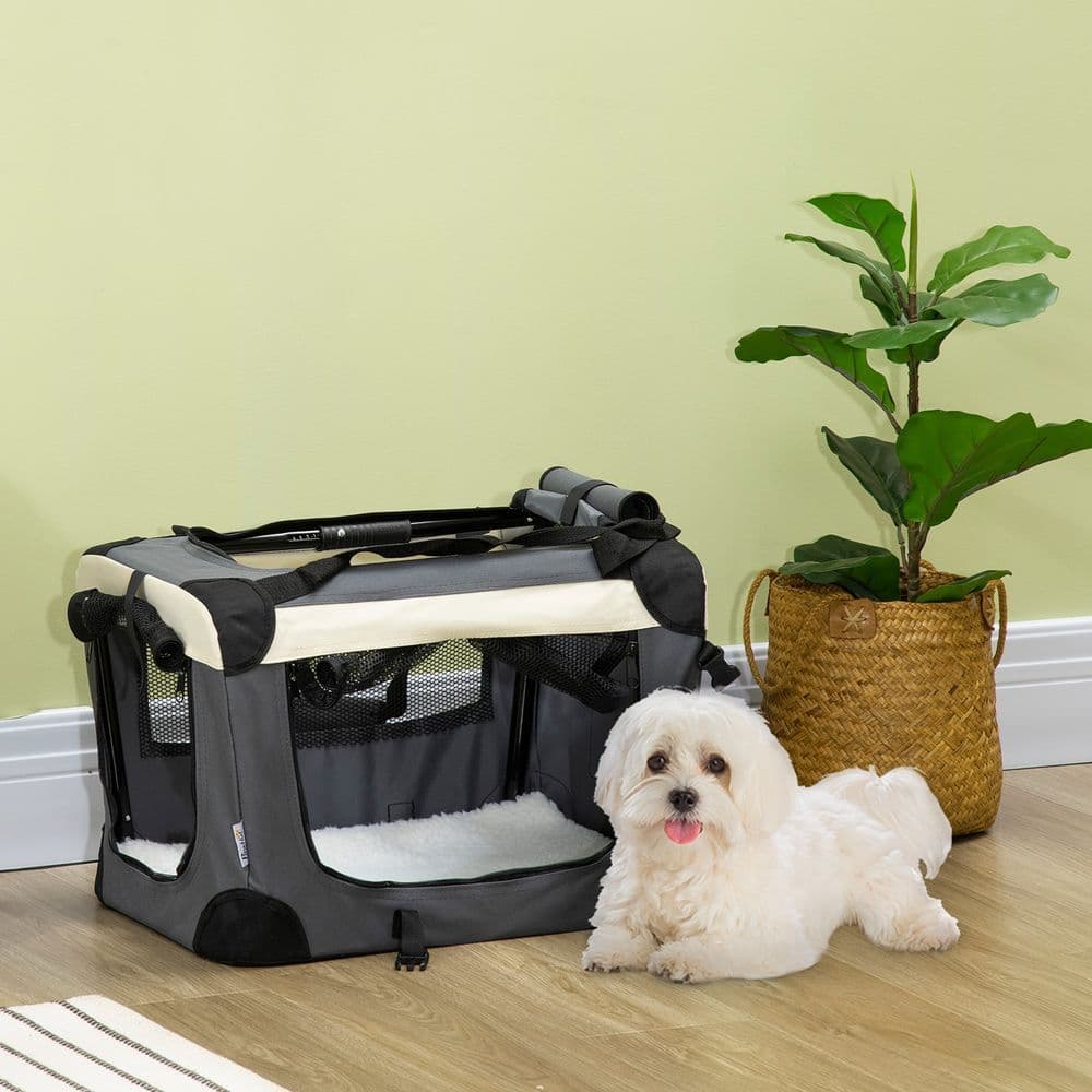 image-51cm Foldable Pet Carrier w/ Cushion for Mini Dogs and Cats - Grey Pawhut