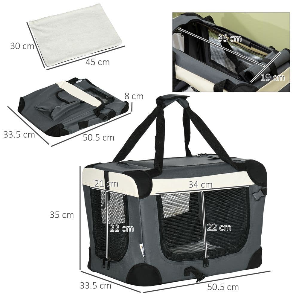 image-51cm Foldable Pet Carrier w/ Cushion for Mini Dogs and Cats - Grey Pawhut