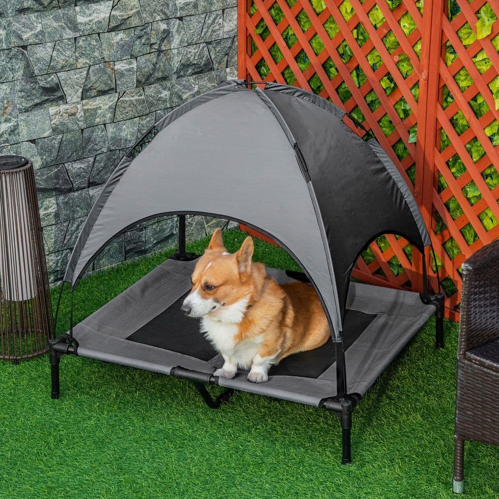 image-92 cm Elevated Dog Bed Cooling Raised Pet Cot UV Protection Canopy Grey Pawhut