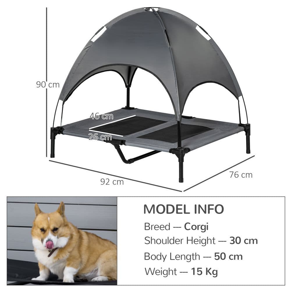 image-92 cm Elevated Dog Bed Cooling Raised Pet Cot UV Protection Canopy Grey Pawhut