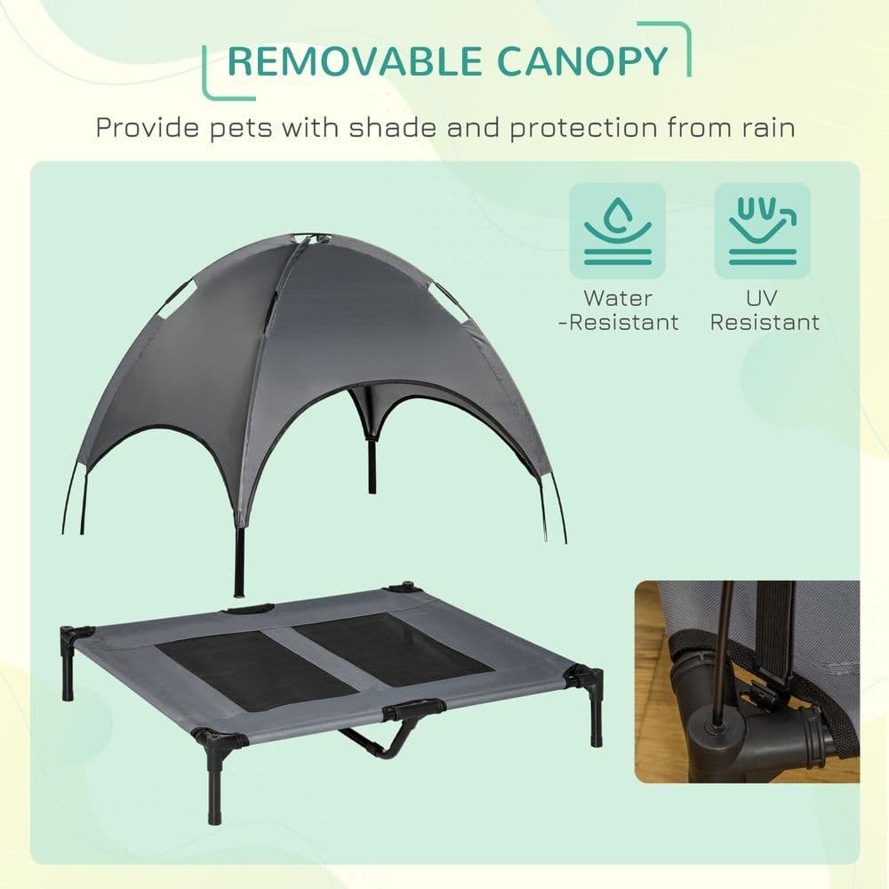 image-92 cm Elevated Dog Bed Cooling Raised Pet Cot UV Protection Canopy Grey Pawhut