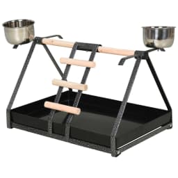 image-Portable Bird Stand Resting Stainless Steel Base Perch Ladder Bowls