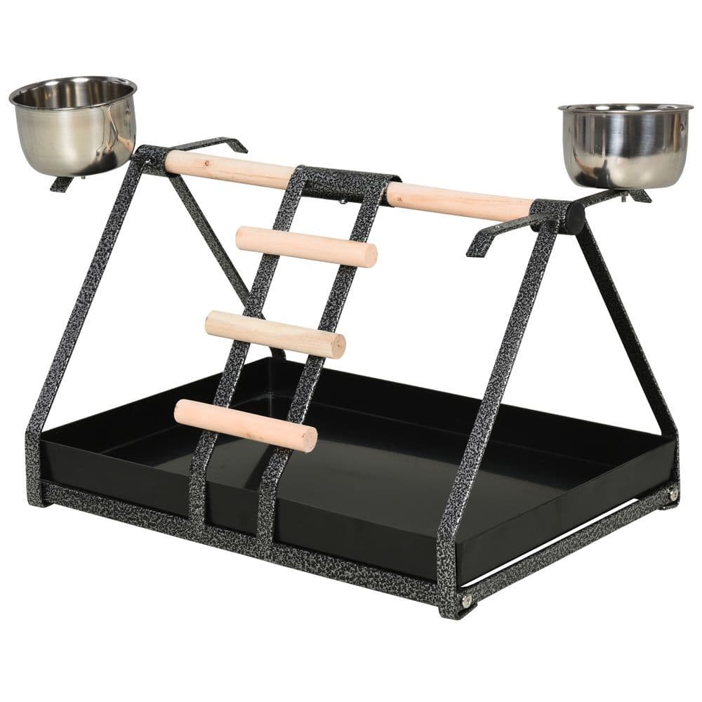 image-Portable Bird Stand Resting Stainless Steel Base Perch Ladder Bowls