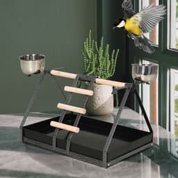 image-Portable Bird Stand Resting Stainless Steel Base Perch Ladder Bowls