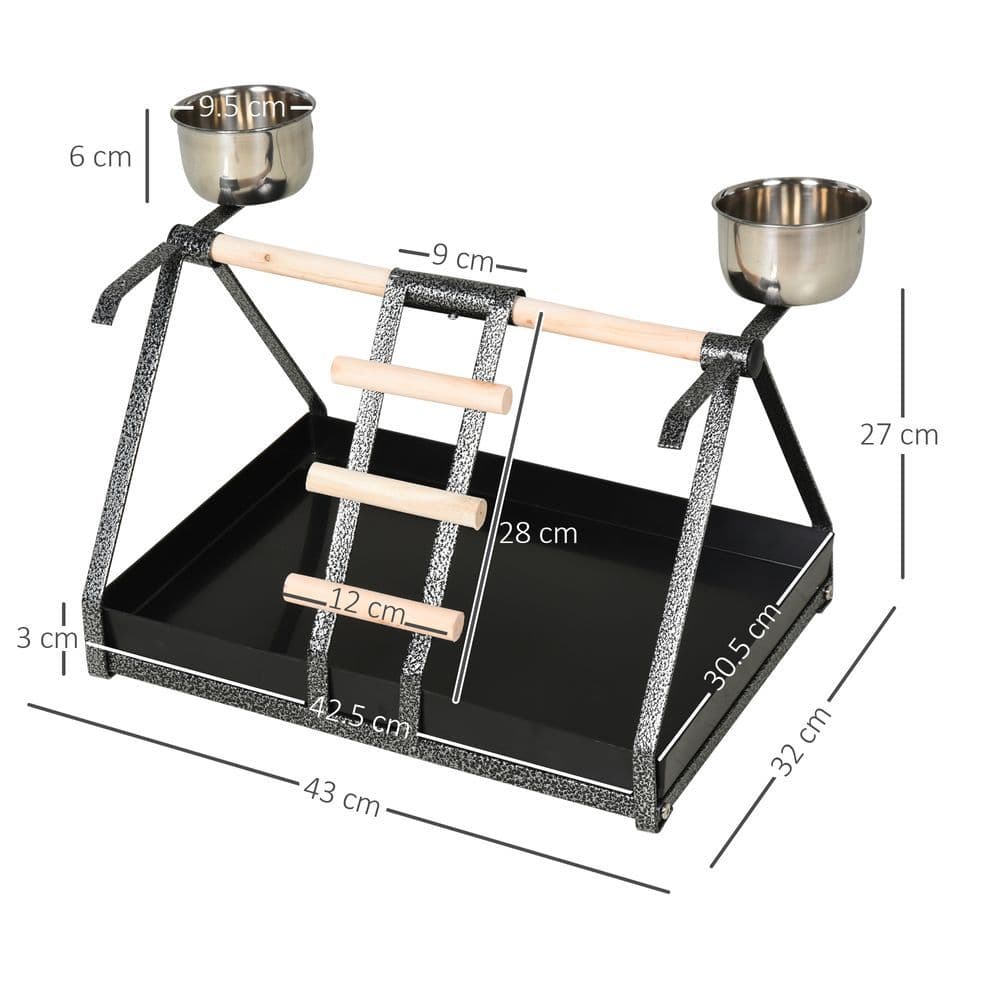image-Portable Bird Stand Resting Stainless Steel Base Perch Ladder Bowls