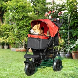 image-Folding 3 Wheel Pet Stroller Travel Adjustable Canopy Storage Brake Red Pawhut