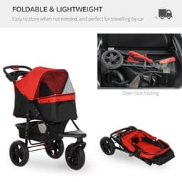 image-Folding 3 Wheel Pet Stroller Travel Adjustable Canopy Storage Brake Red Pawhut