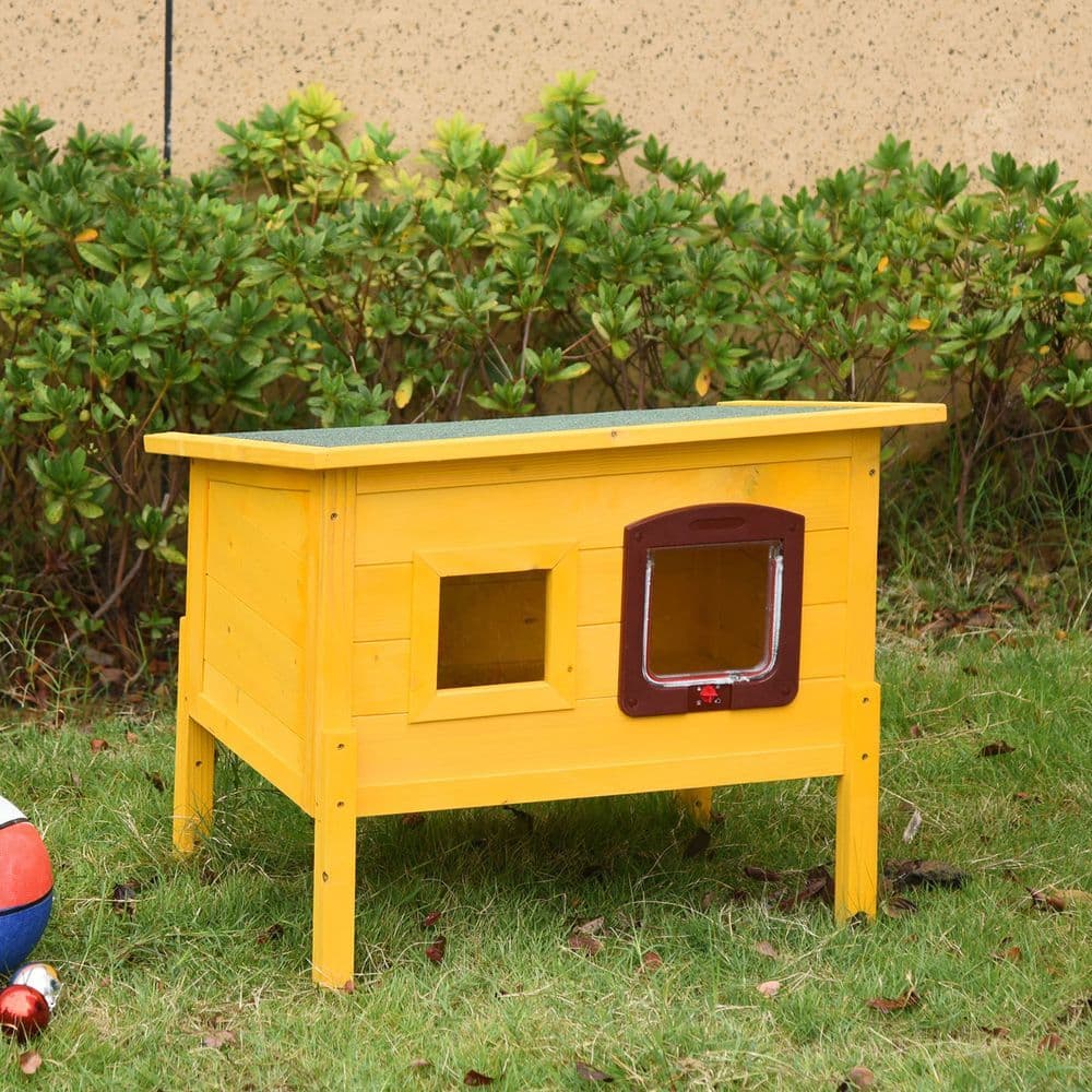 image-Wooden Cat House Pet Home Outdoor Waterproof Door Roof Shelter Garden Pawhut